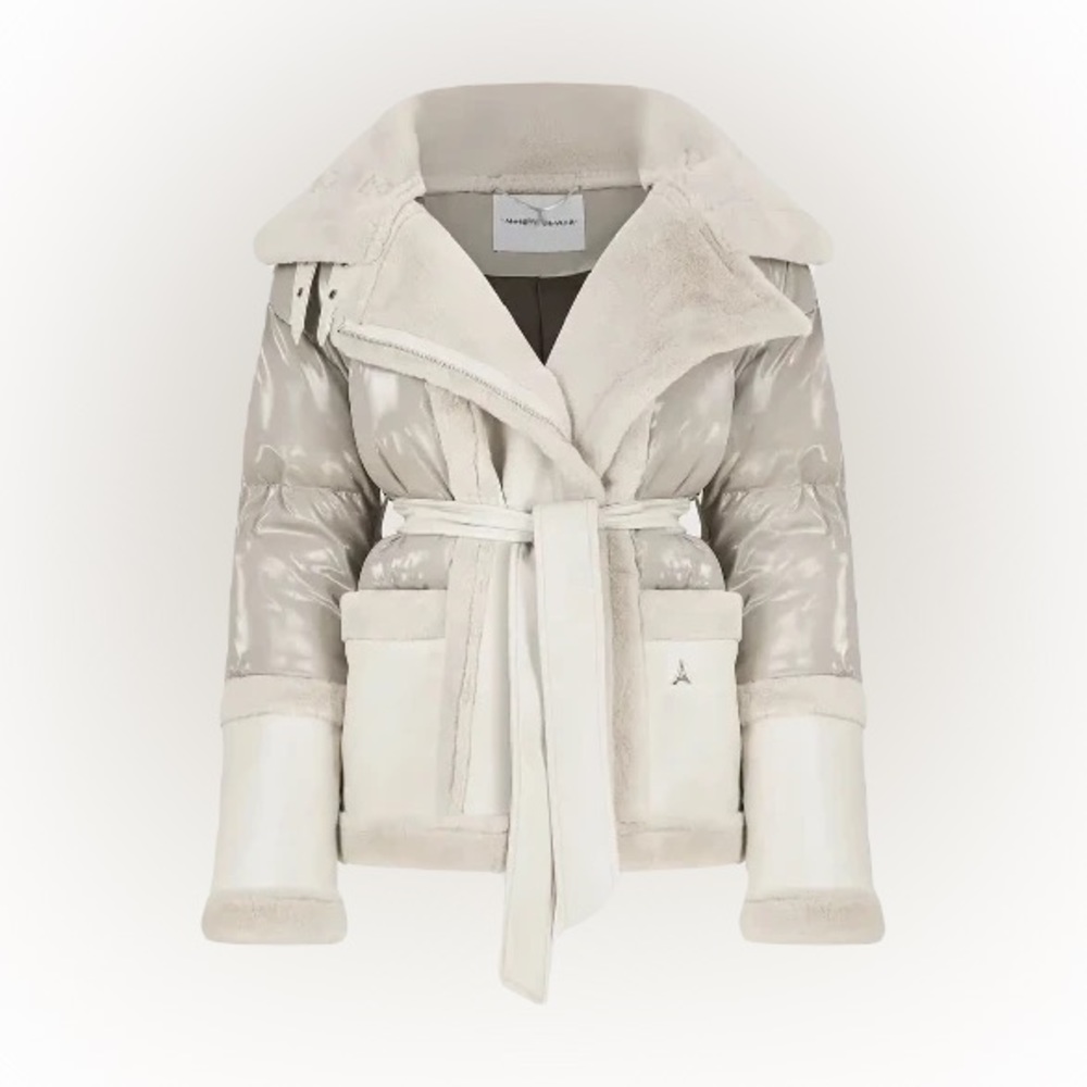 Manière de Voir Vegan Leather and Plush Puffer Jacket with Belt - Beige